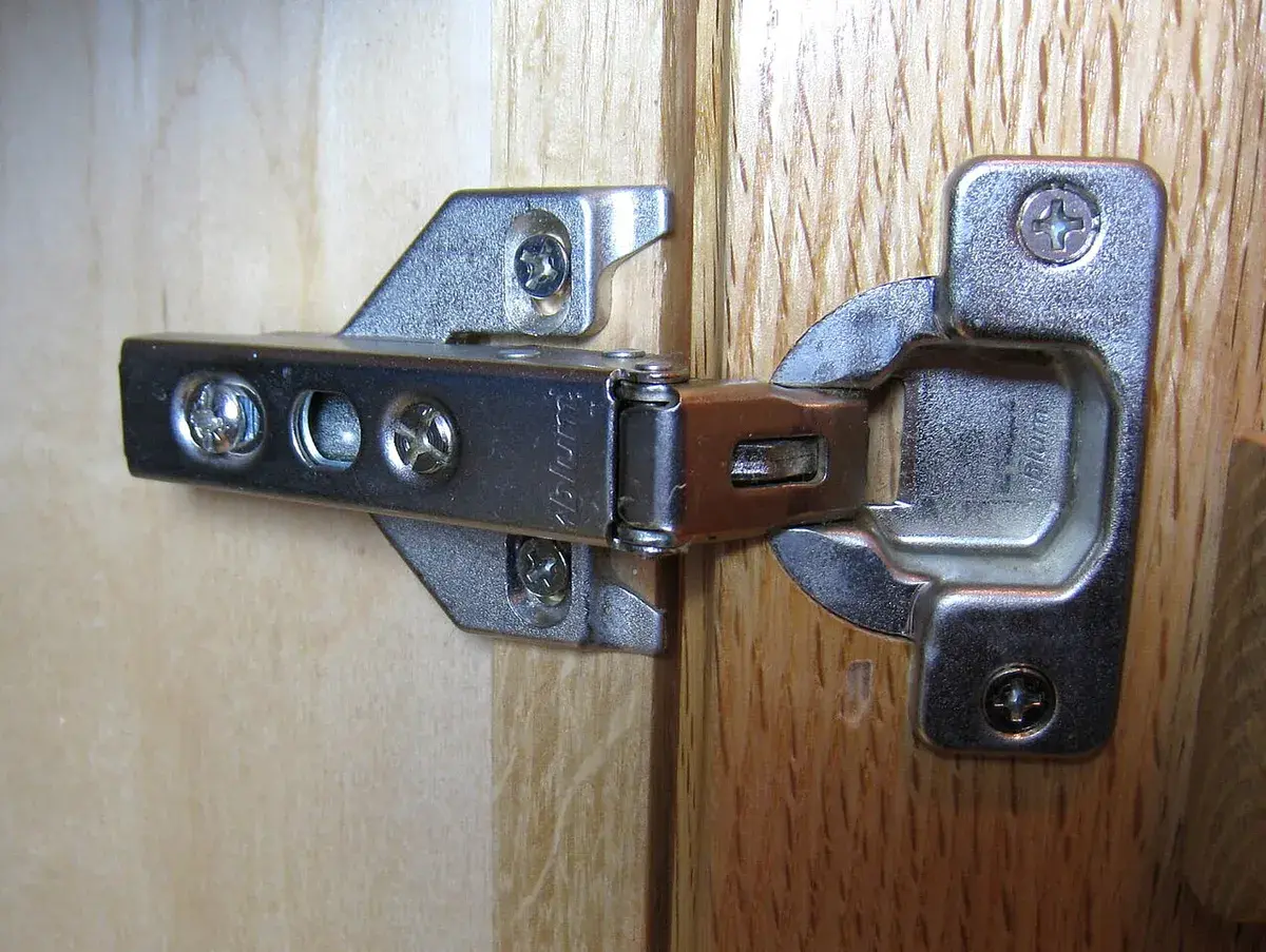A concealed cup hinge and its mounting plate screwed to an oak cabinet