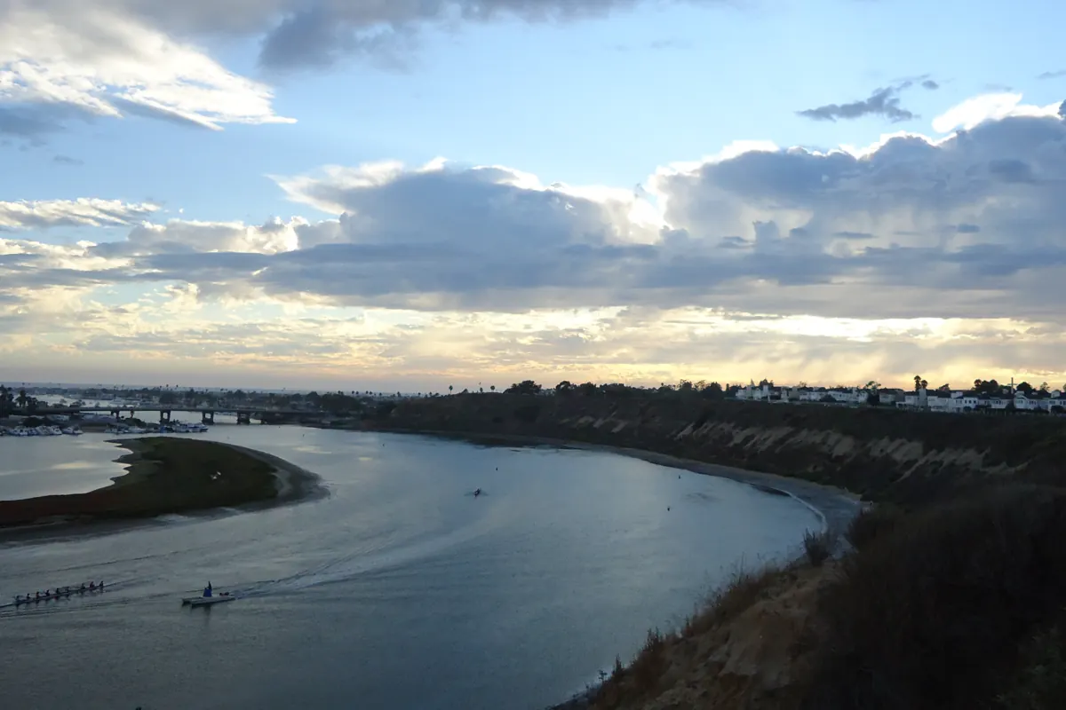 Upper Newport Bay seen from the bluff, with bluff-top houses above the Back Bay in Newport Beach CA